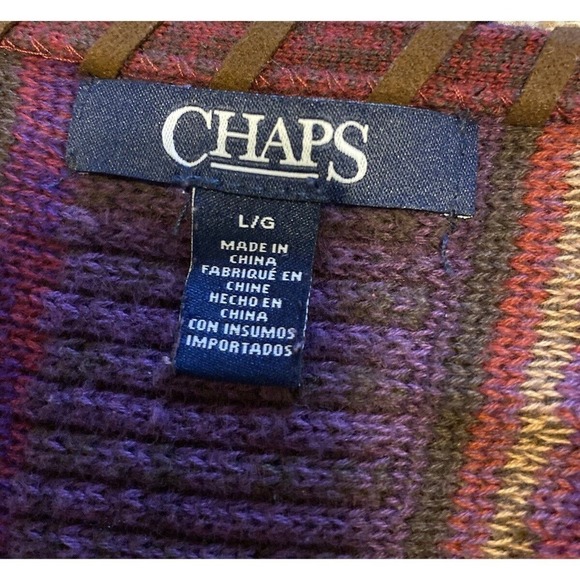 Chaps Women's Size L Tunic Sweater Southwestern Striped Faux Leather Trim Purple - Picture 11 of 12